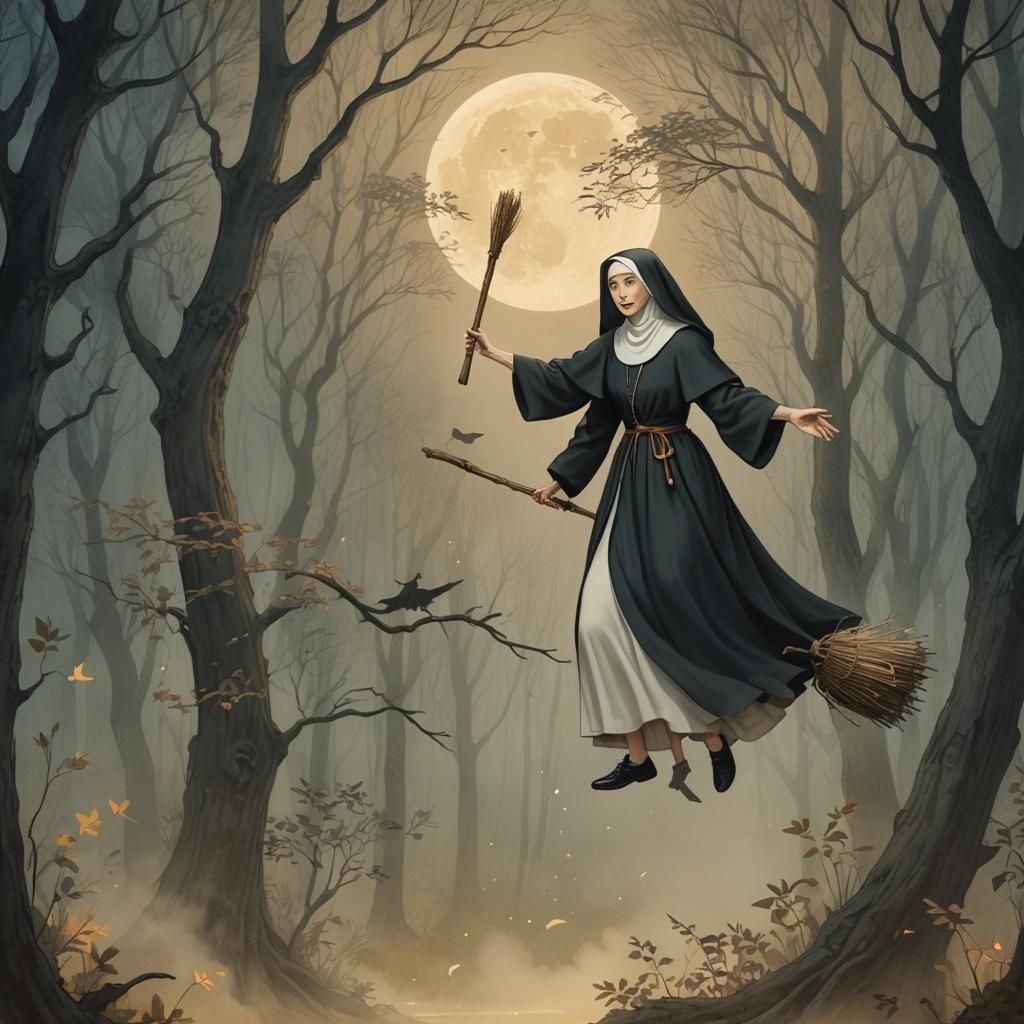 Nun on Broomstick in Misty Forest: Miyazaki Style