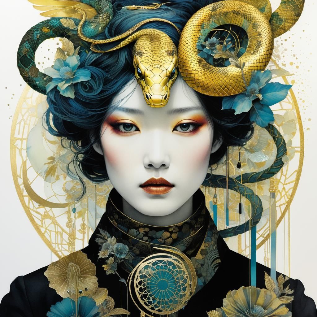 Golden Serpent in Ink and Watercolor Collage