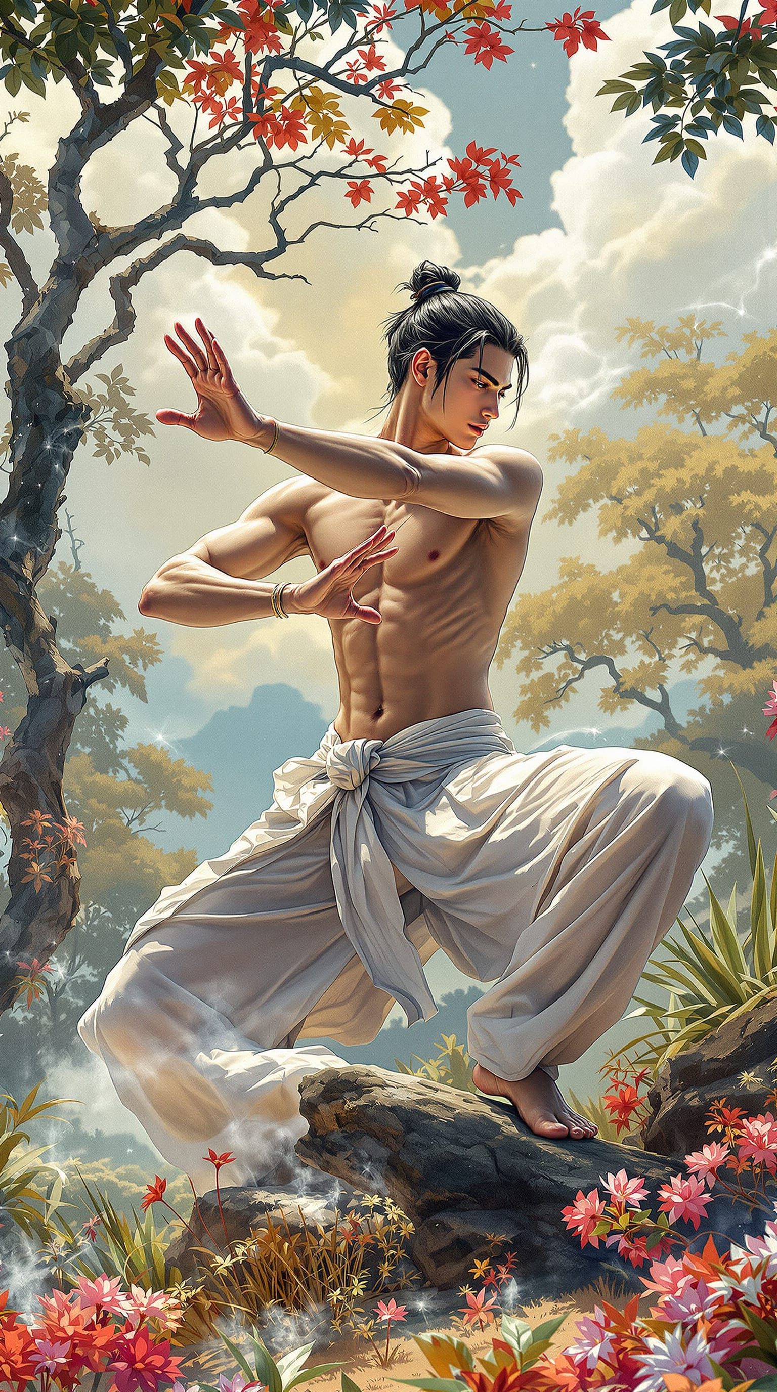 Toned Man Practicing Tai Chi in Indian Countryside