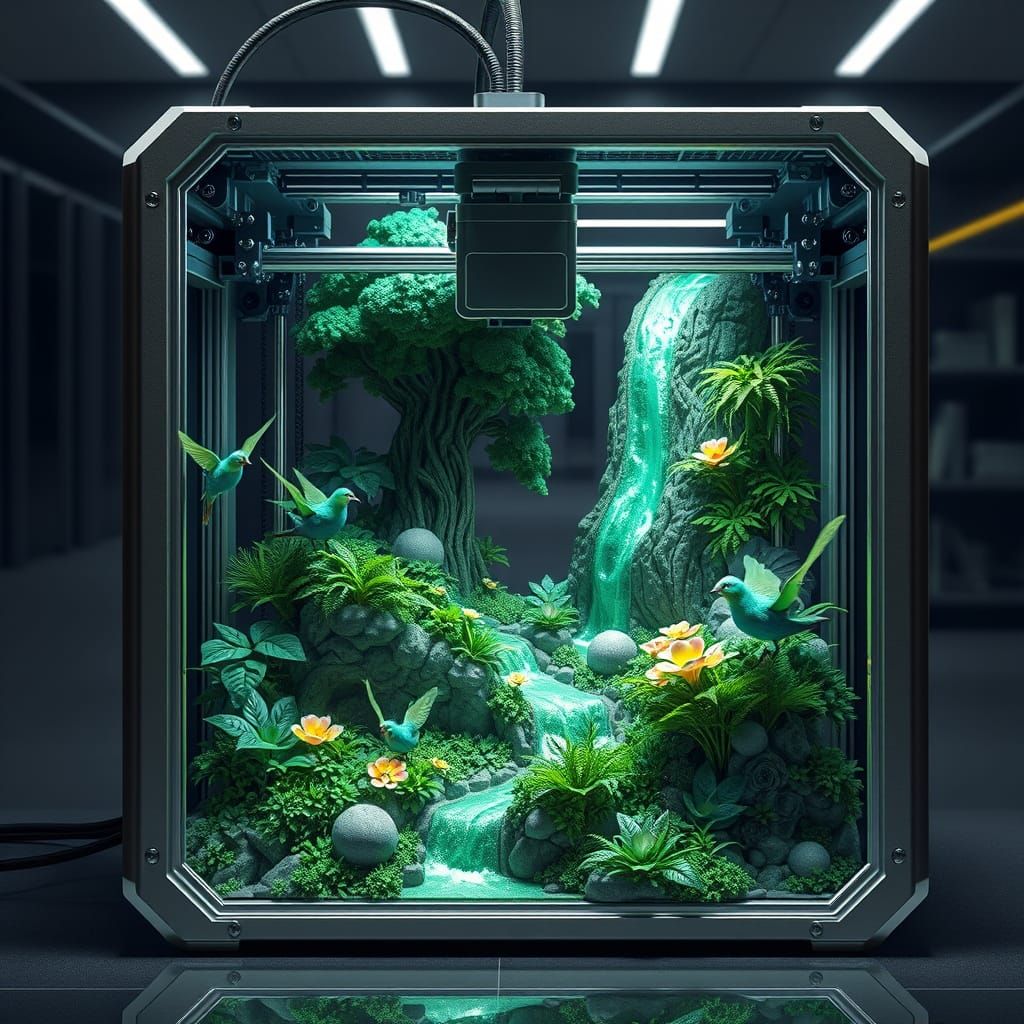 Futuristic 3D Printer Unleashes Vibrant Jungle Landscape