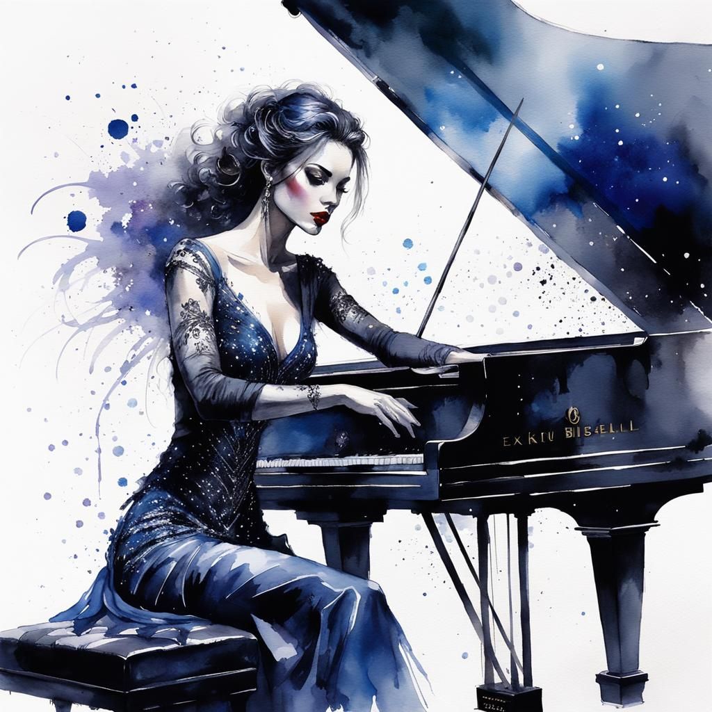 Dreamy Watercolor Portrait of Pianist with Glitter