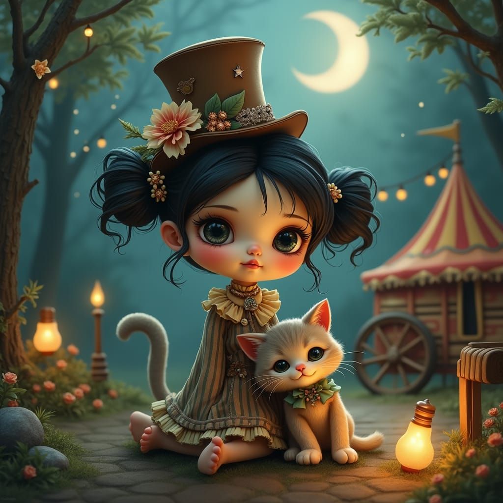 Whimsical Fairytale Girl with Curious Cat in Lush Forest