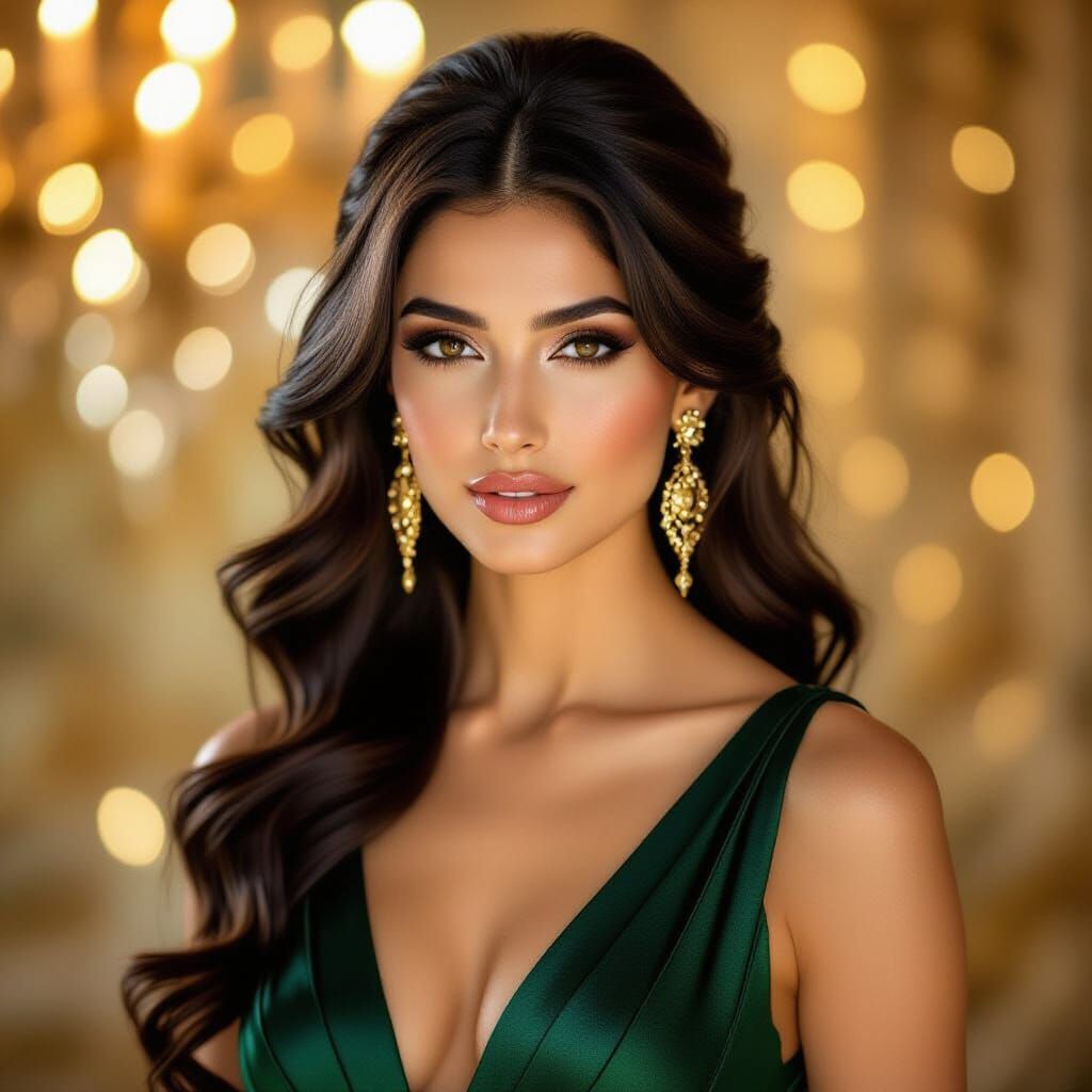 Elegant Persian Woman in Emerald Gown, Royal Portrait