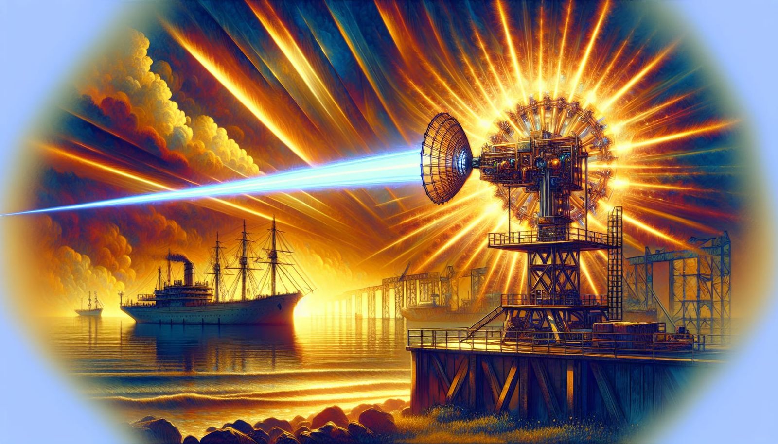 Neo-Realist Sun Beam Machine Impacts Harbor Ship