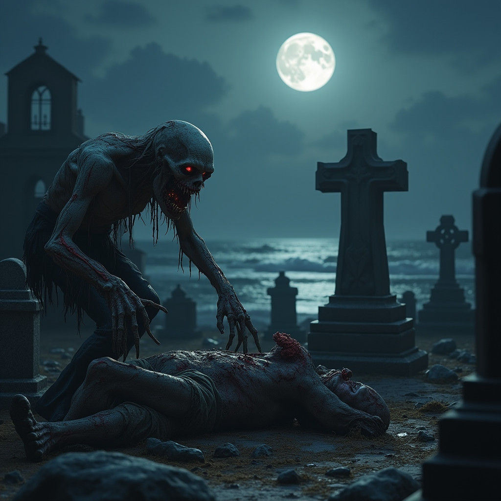 Zombie Feast in Gothic Cemetery at Night