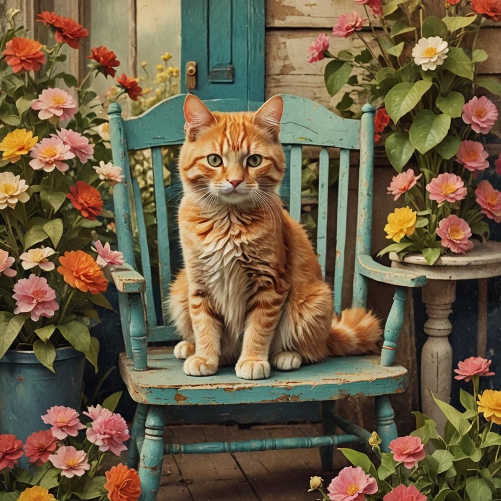Ginger Cat in Fairytale Postcard Scene