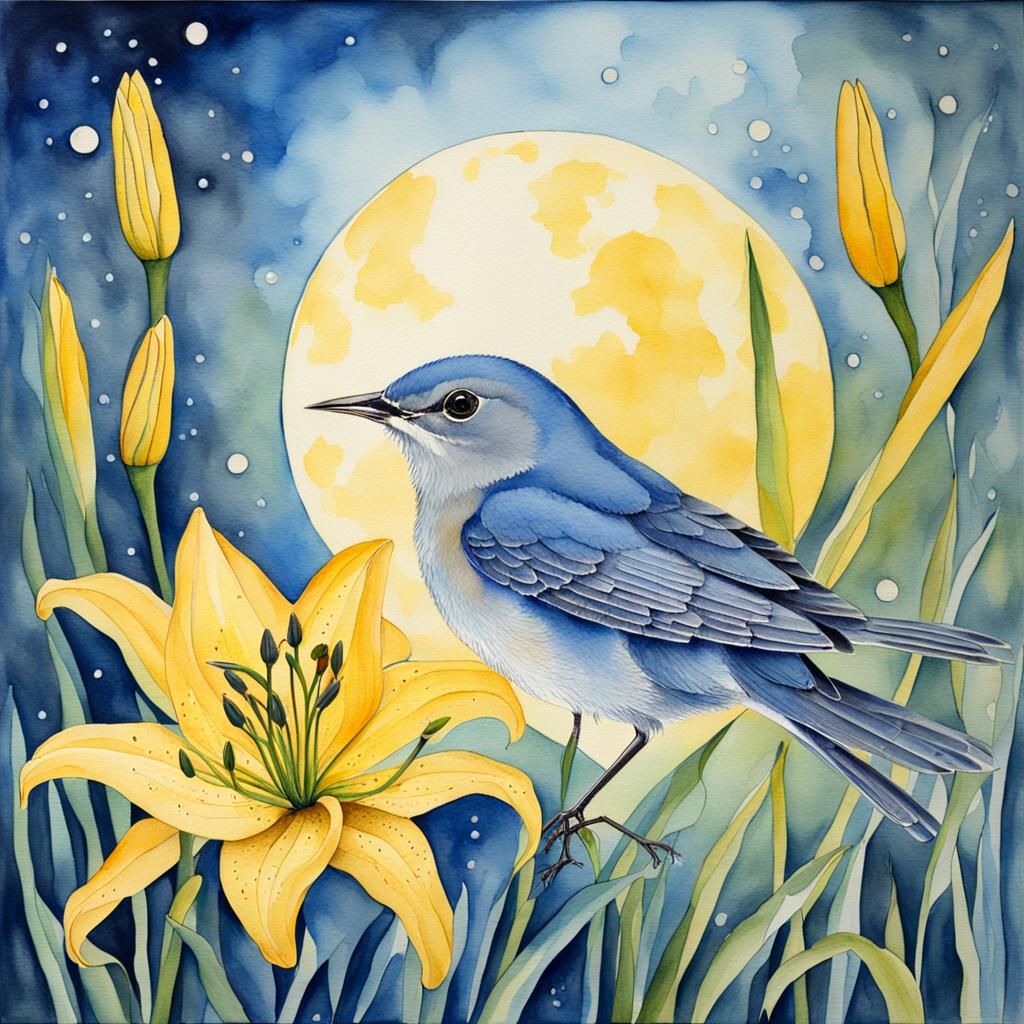 Watercolor Nightingale with Lilies Under Moonlight