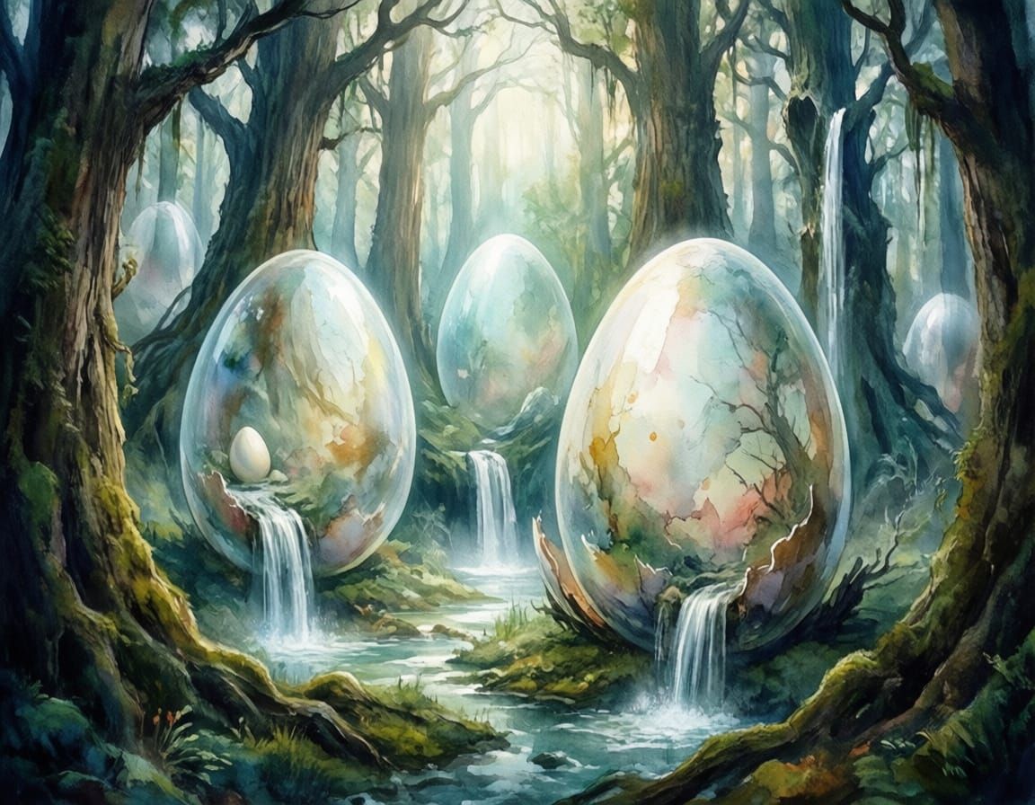 Surreal Landscape of Giant Eggs in Watercolor Style