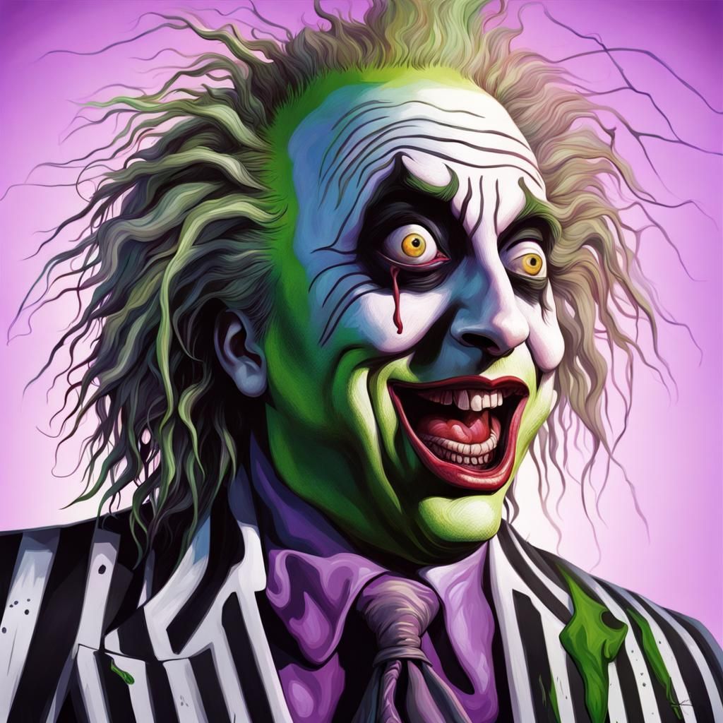 Hyperrealistic Beetlejuice Portrait in Splash Art Style