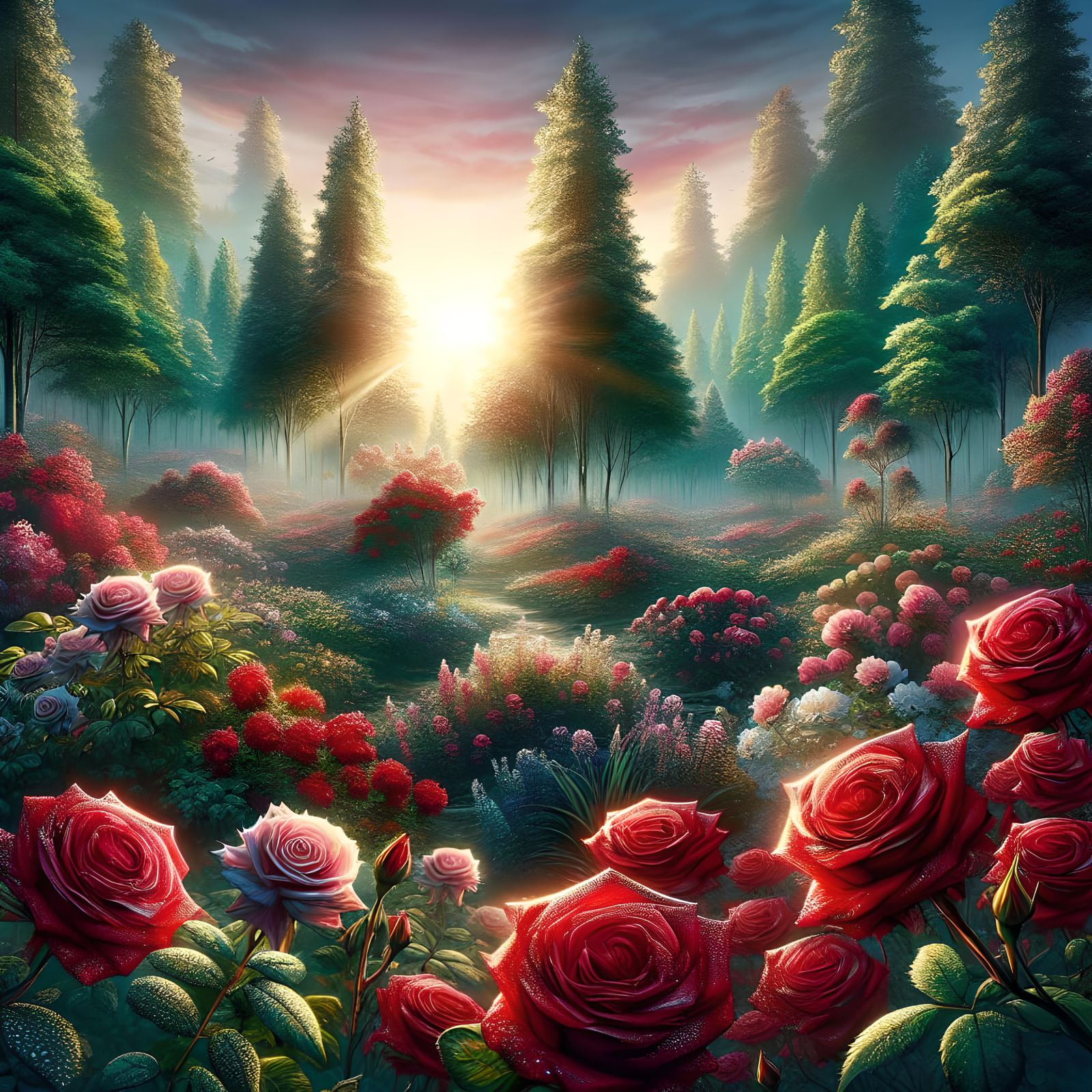 Lush Green Trees and Red Roses in a Wonderful World