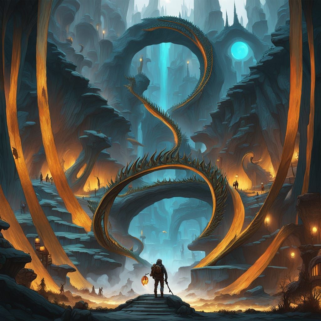 Mystical Temple Descent in Cyberpunk Aesthetic