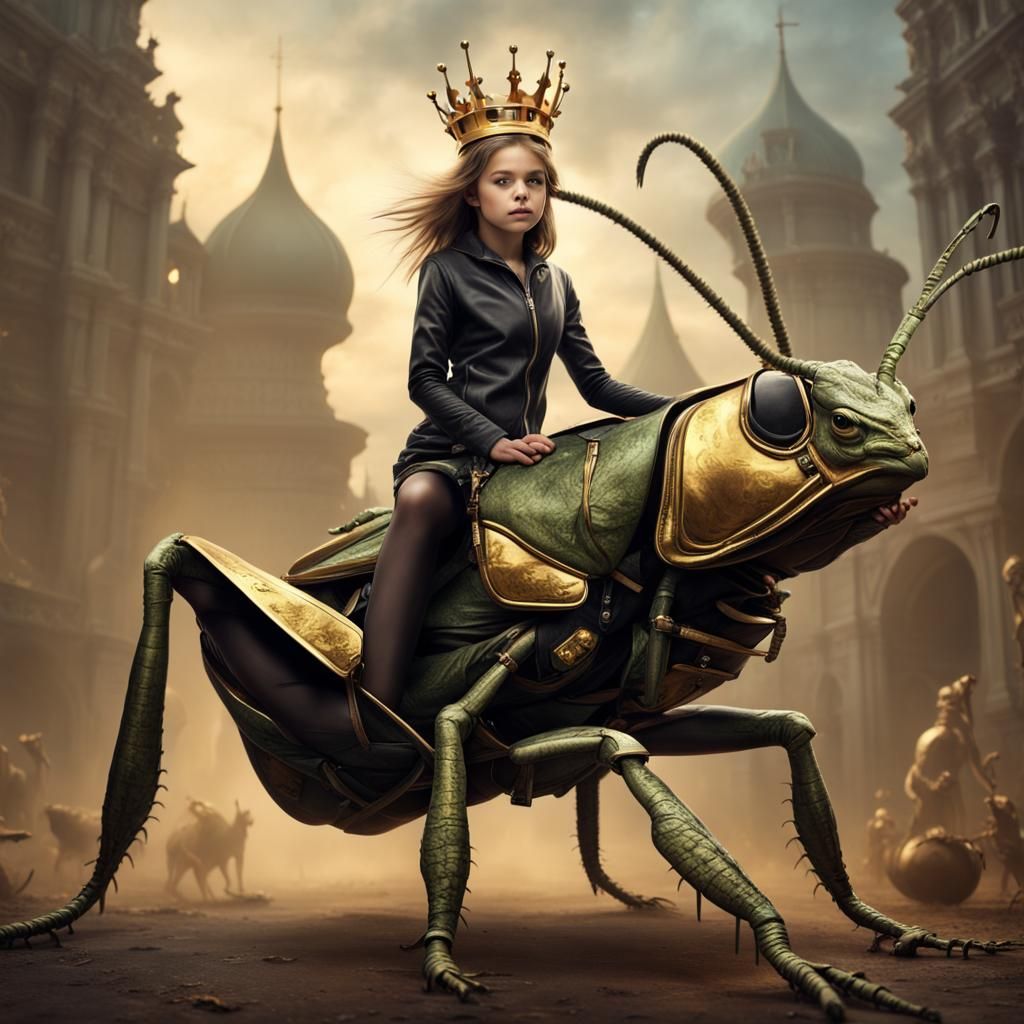 Girl with Gold Crown Rides Giant Grasshopper