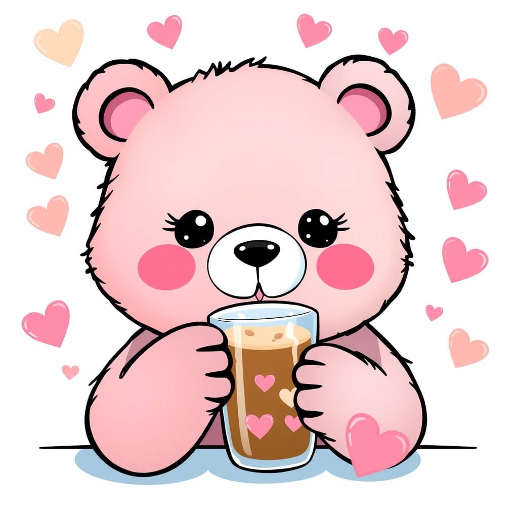 Whimsical Kawaii Bear Enjoys Refreshing Coffee