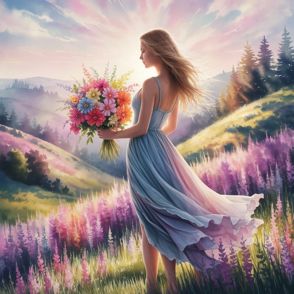 Woman with Flowers on Hill in Watercolor Style