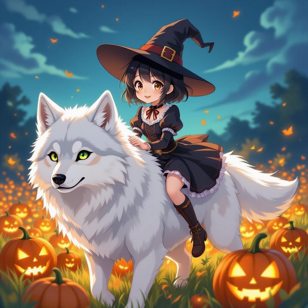 Anime Witch Rides Wolf Through Pumpkin Field