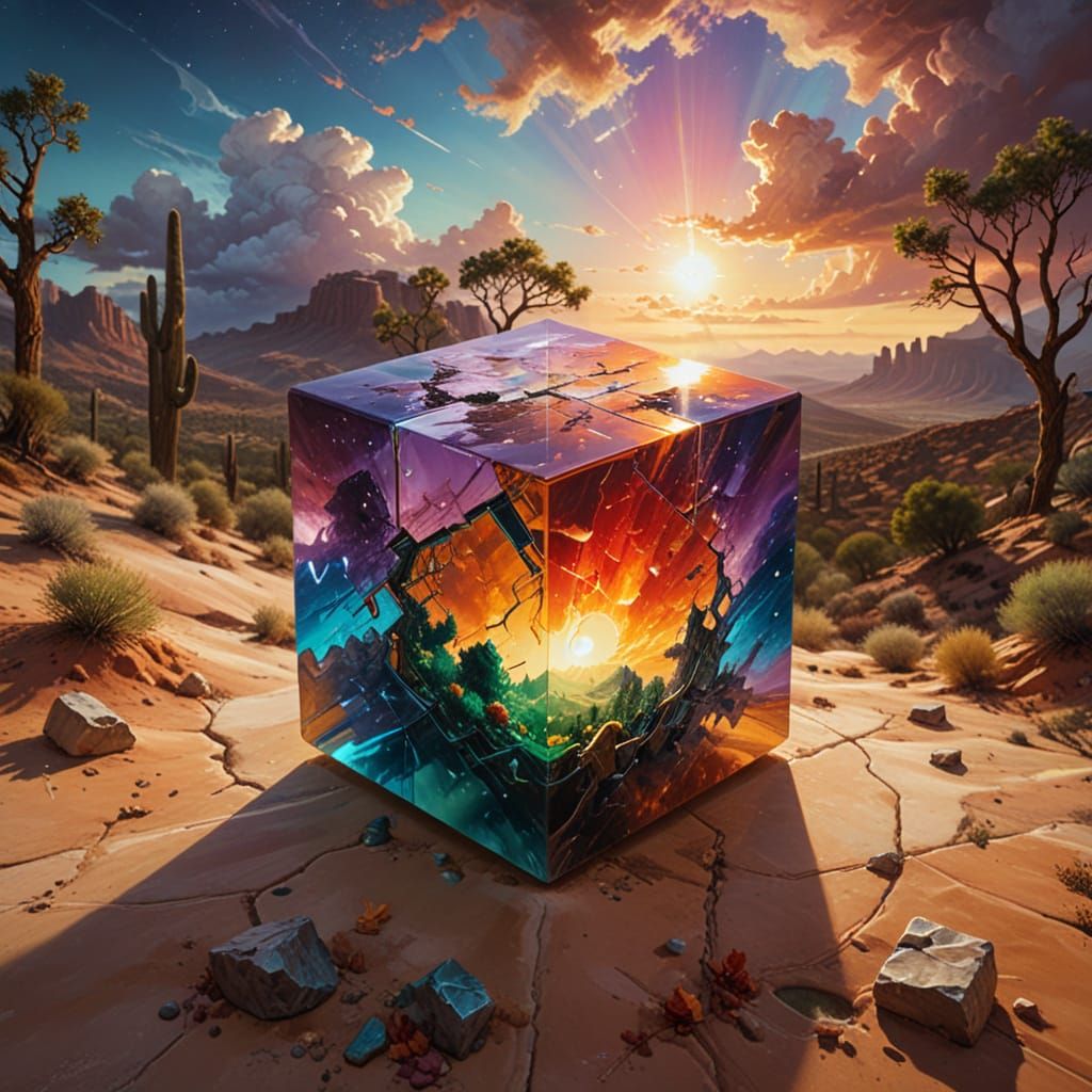 Surreal Cube Form with Diverse Landscapes in Night Sky
