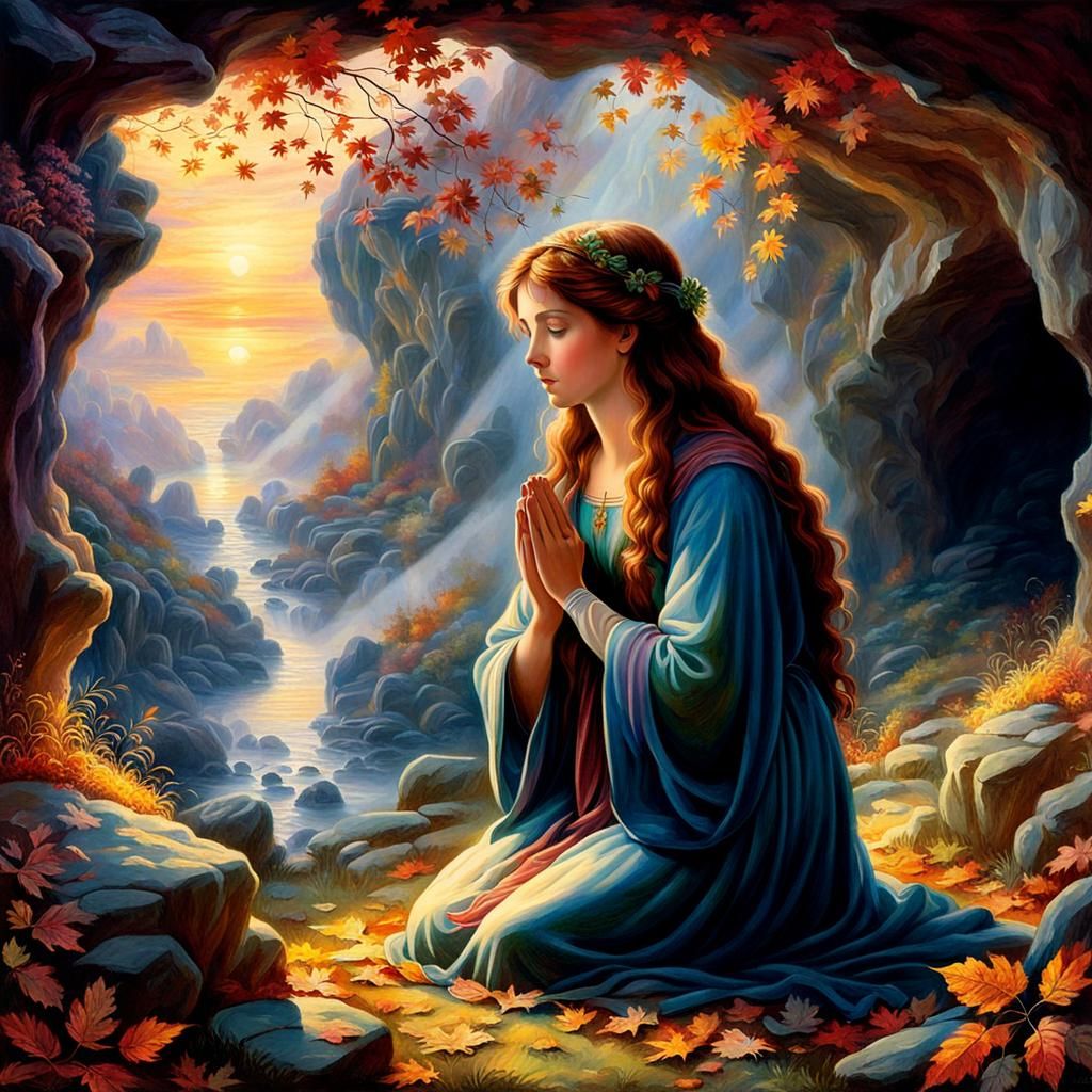 Mary Magdalene Praying in a Pre-Raphaelite Cave