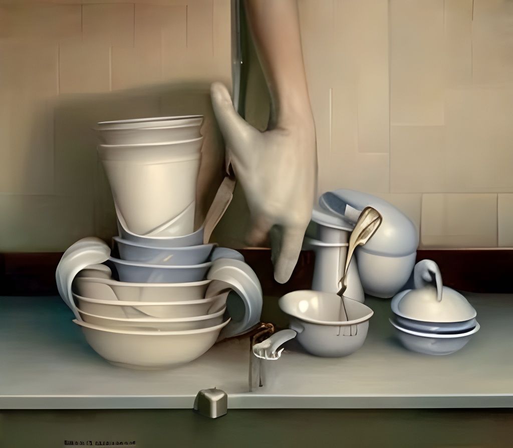 Realistic Painting of Washing Dishes