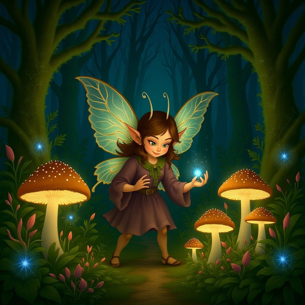 Mischievous Sprite Tends Enchanted Mushroom Garden