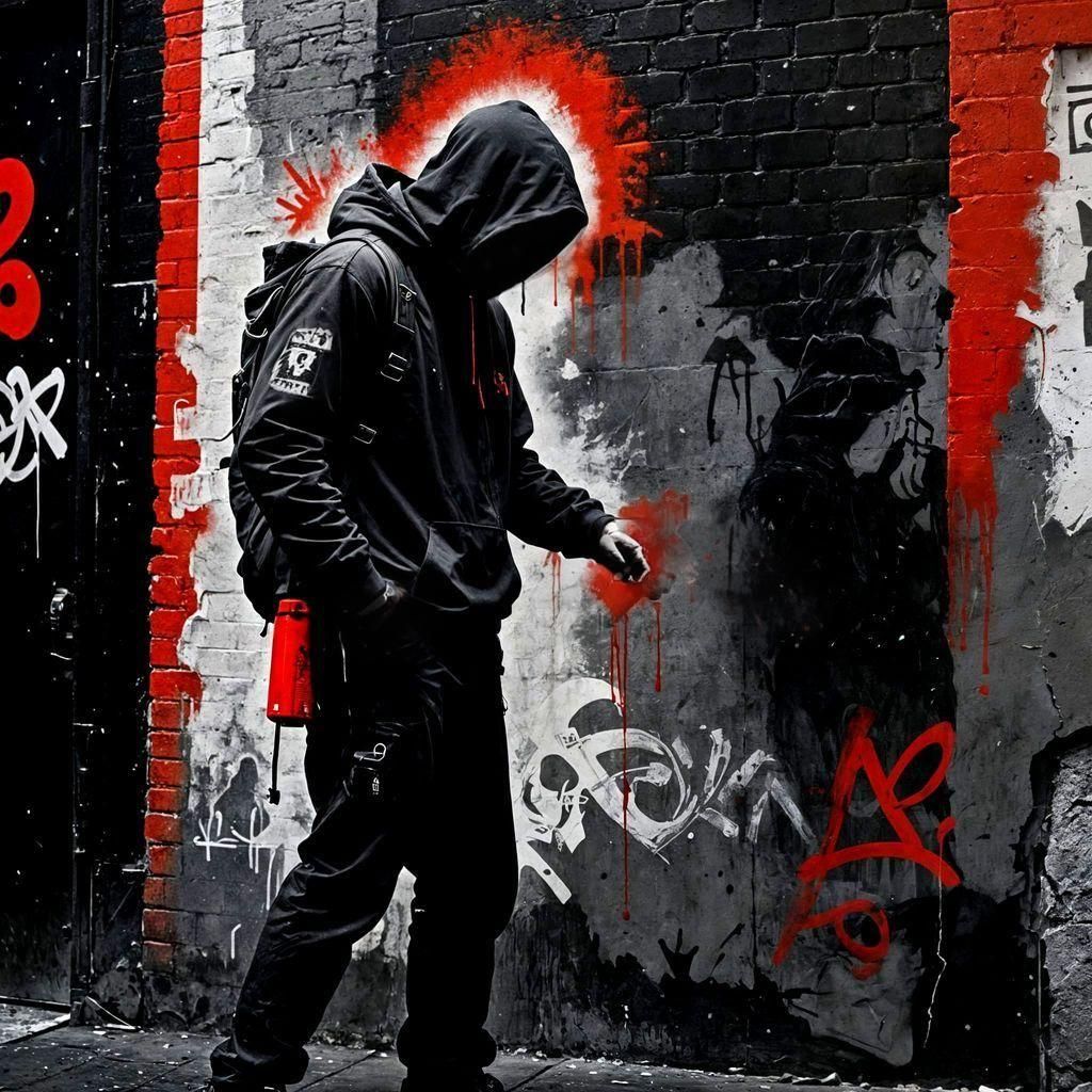 Gritty Urban Hooded Figure in Banksy-esque Stencil Art