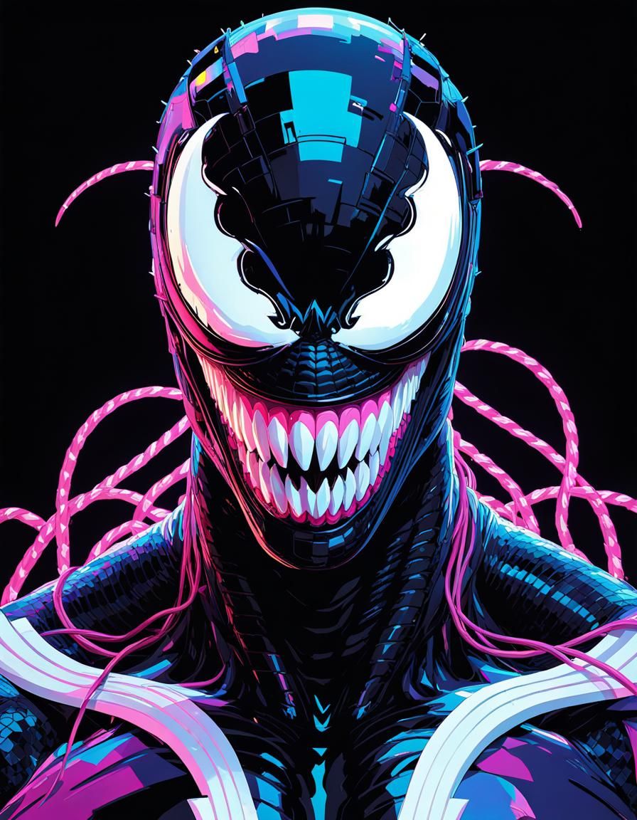 Venom Symbiote Glitch Art Portrait in Vaporwave Style