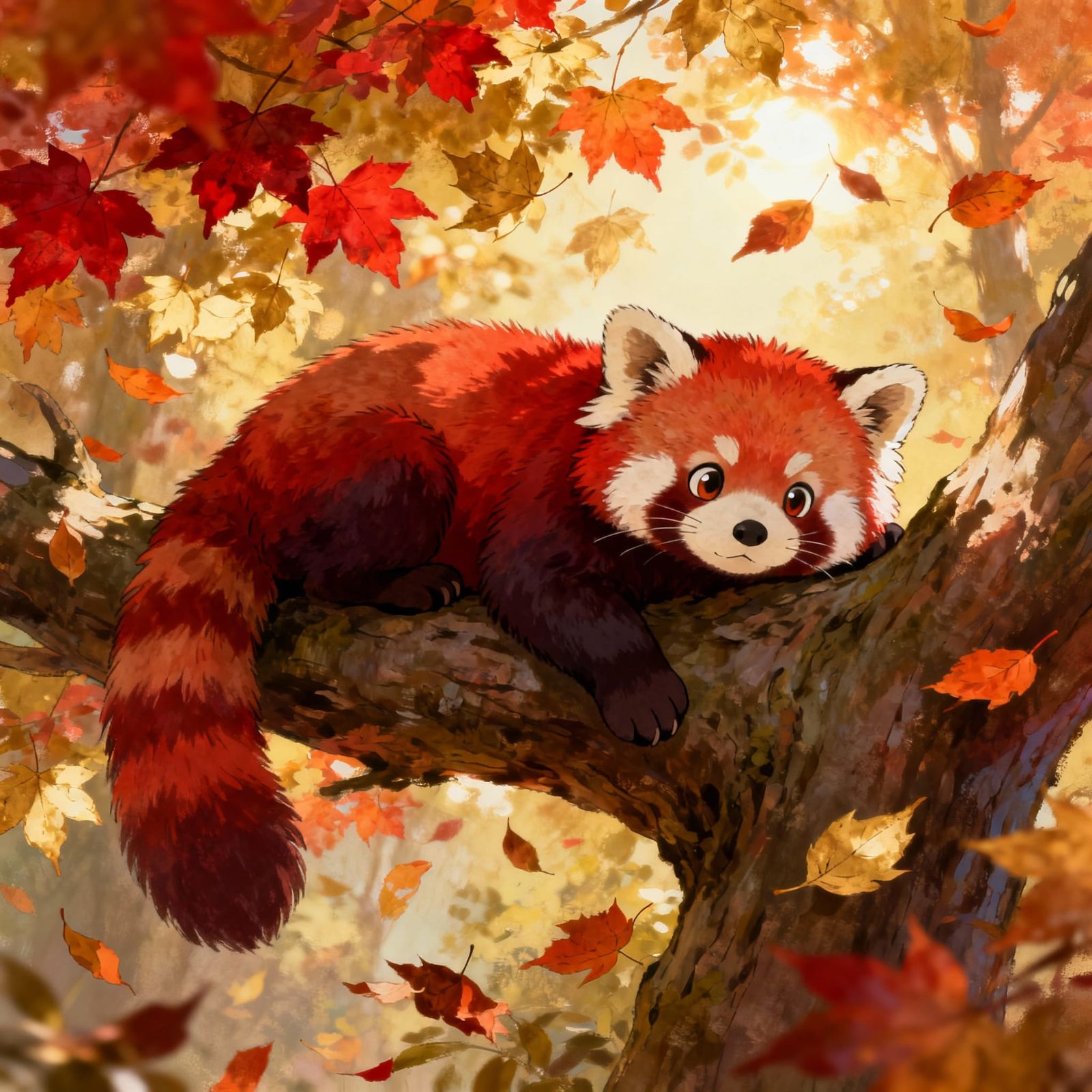 Red Panda in Autumn Leaves, Studio Ghibli Style