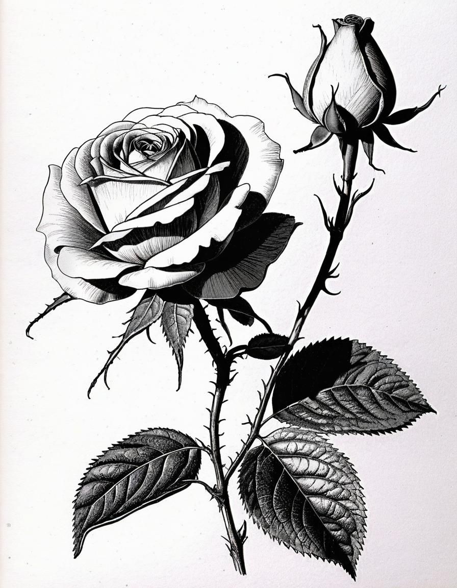 Vintage Botanical Ink Drawing of Nigrum Rose