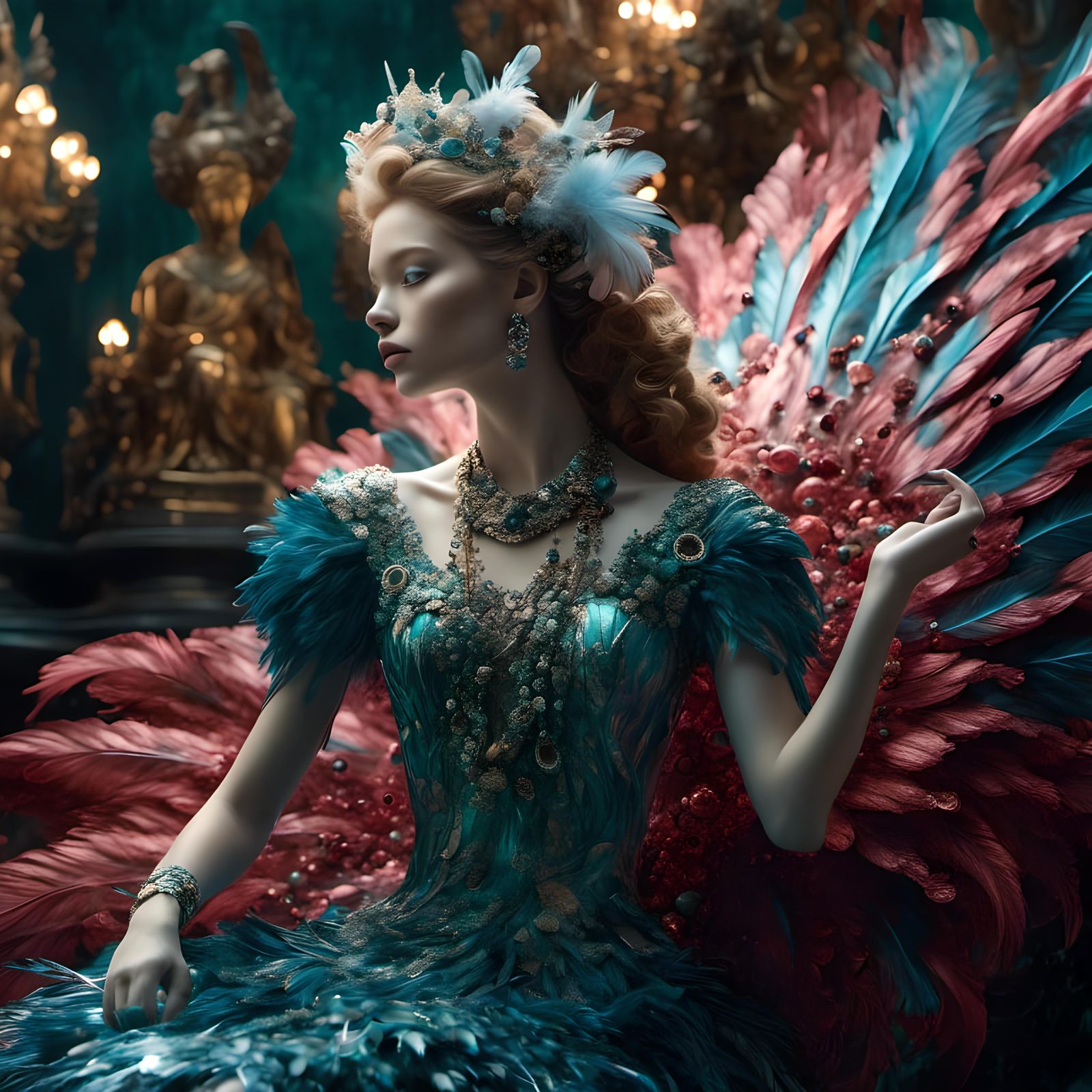 Feathers, Marble Statue, and Glass Gondola