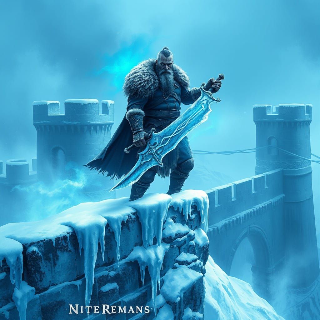 Barbarian Warrior Stands atop Frosty Fortress, Grasping Glow...