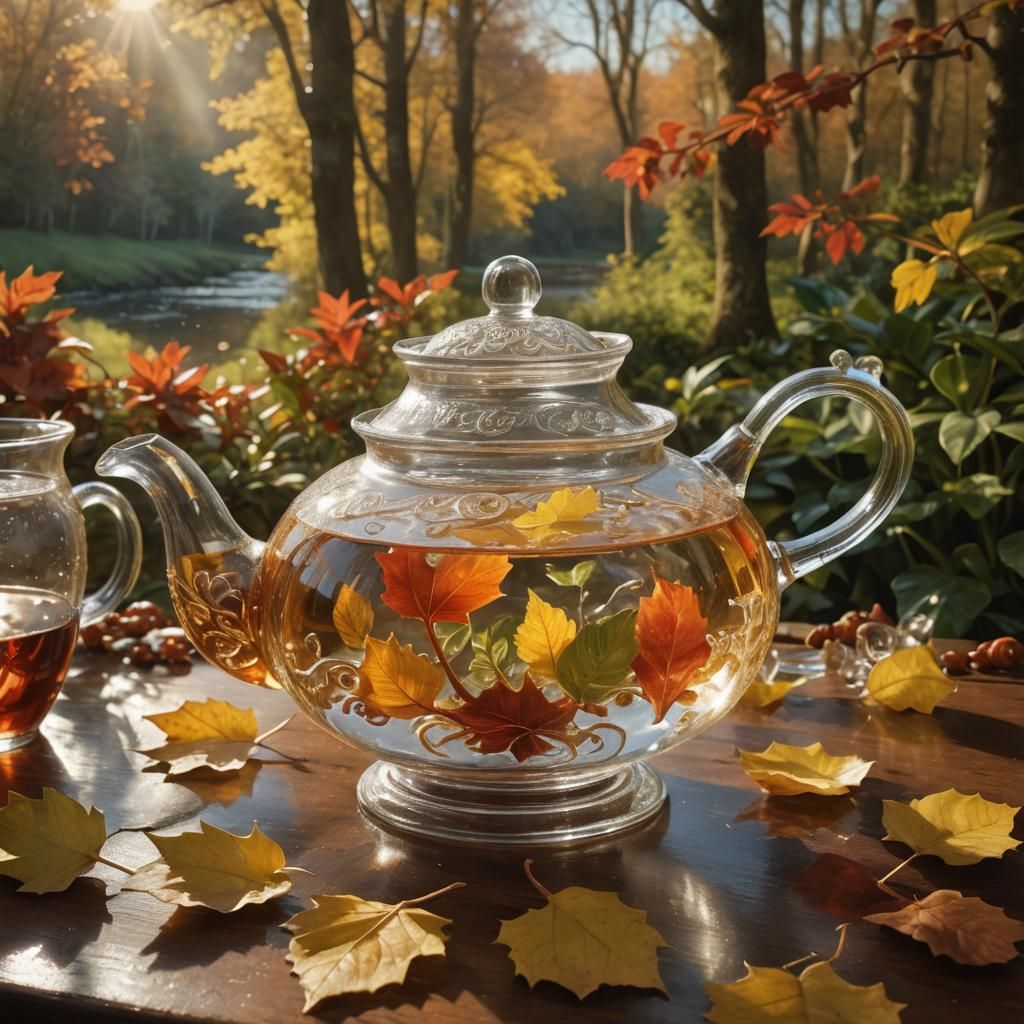 Ornate Glass Teapot with River Scene in Photorealistic Style