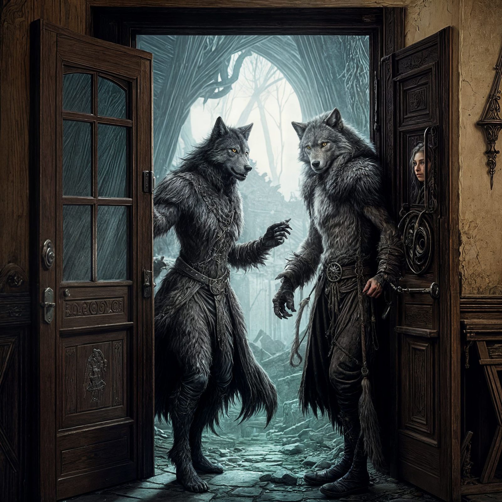Wolf shifter adventurers opening the door of a mysterious ab...