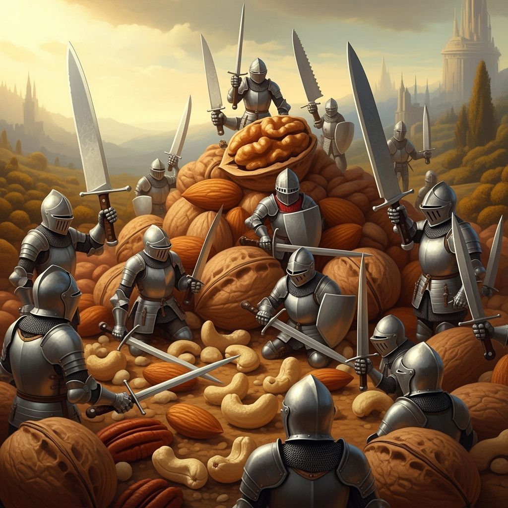 Whimsical Knights Guarding Nuts, Digital Illustration