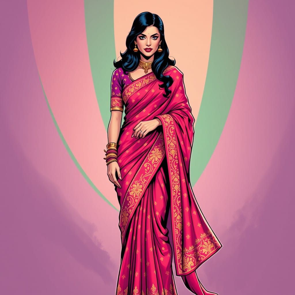 Elegant DC Comics Style Talia al Ghul in Indian Sari