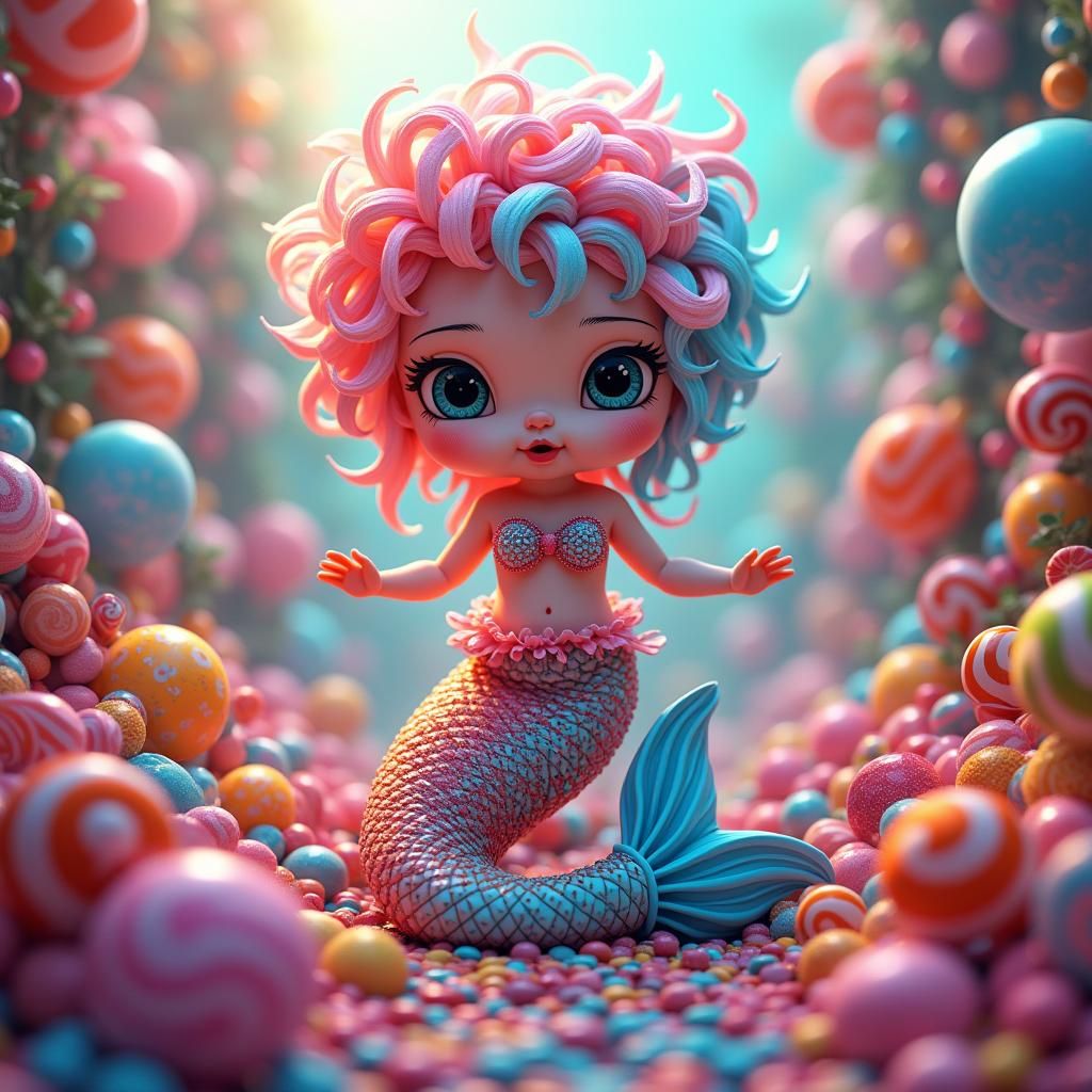 Kaleidoscopic Quilled Mermaid in Candyland, Digital Illustra...