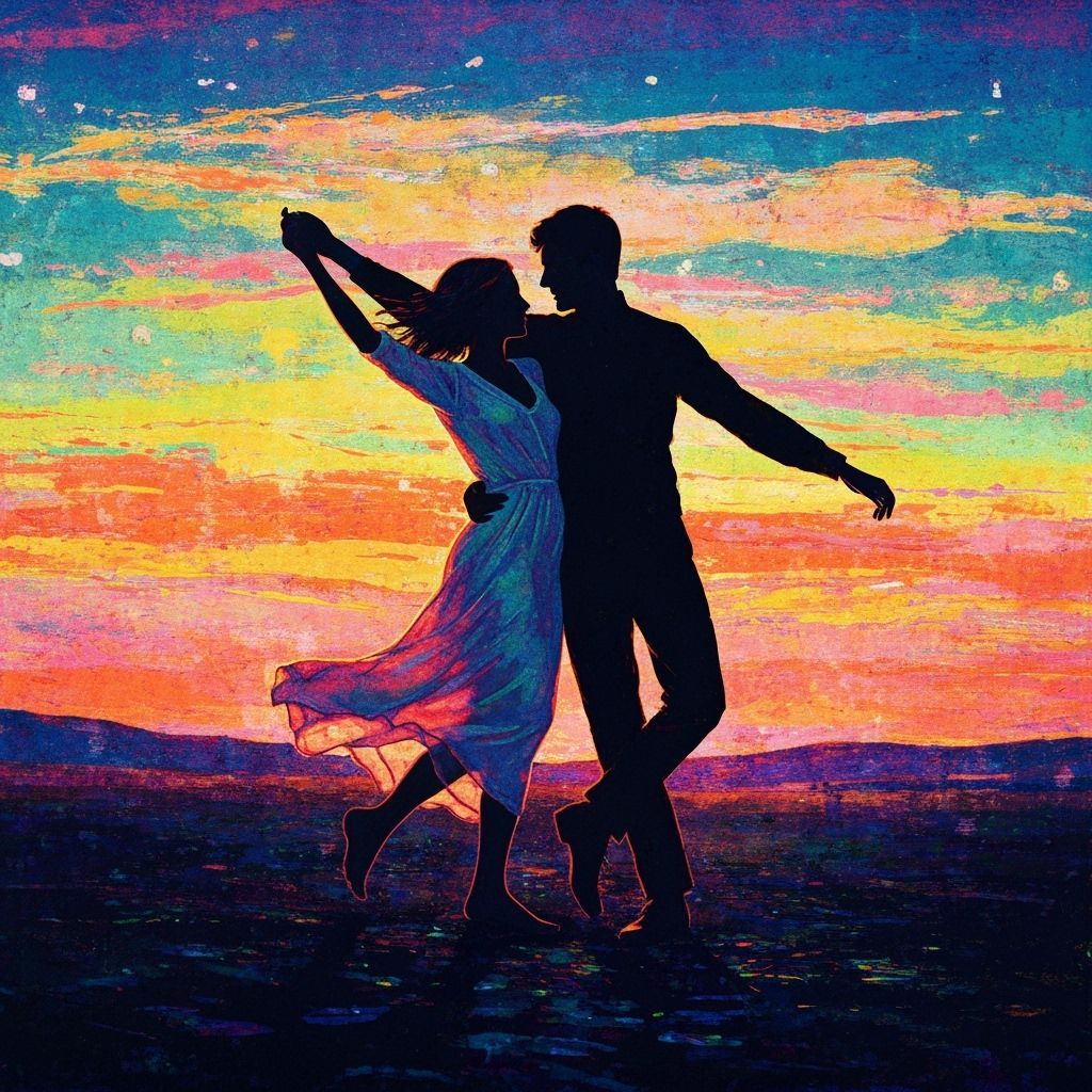 Silhouette Dance at Sunset: Klimt-Inspired Art