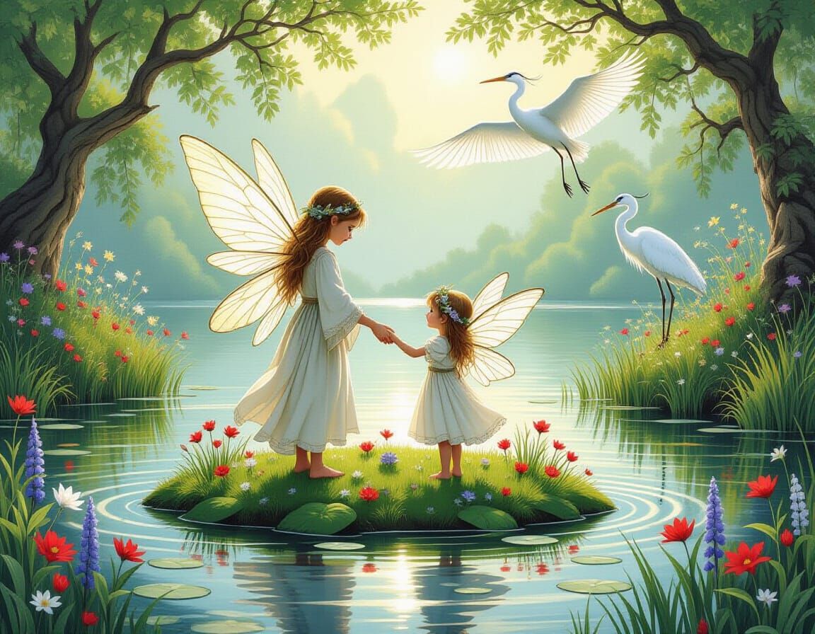 Faery and Child on Leafy Isle, Whimsical Art