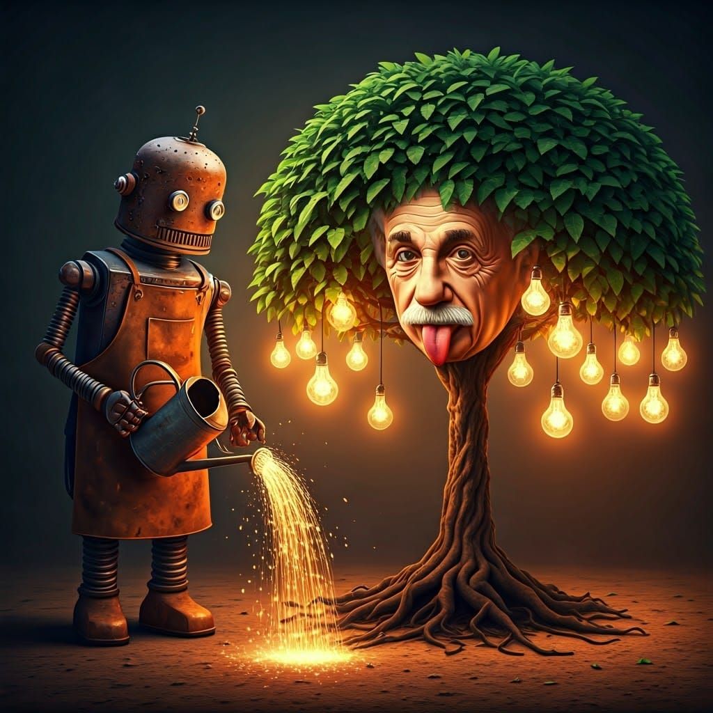 an old, rusty robot with copper accents , wearing a worn lea...