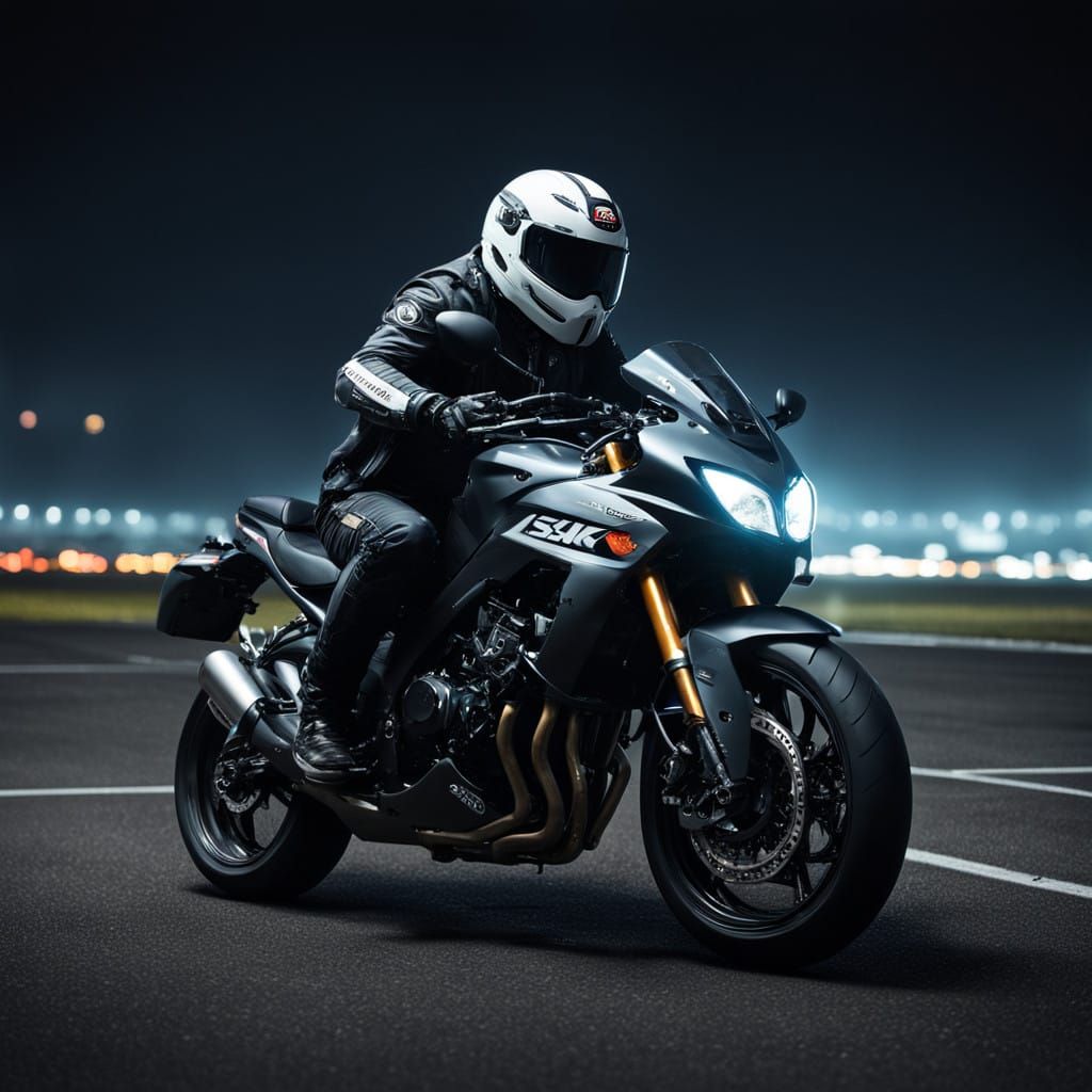 Airplane Lands Amidst a Nighttime Motorcycle Scene