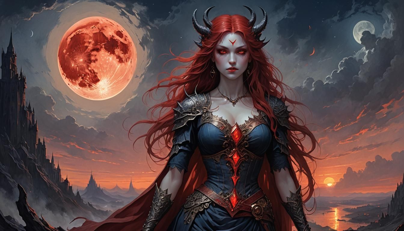 Ember-Haired Demon Girl with Red and Sapphire Moons