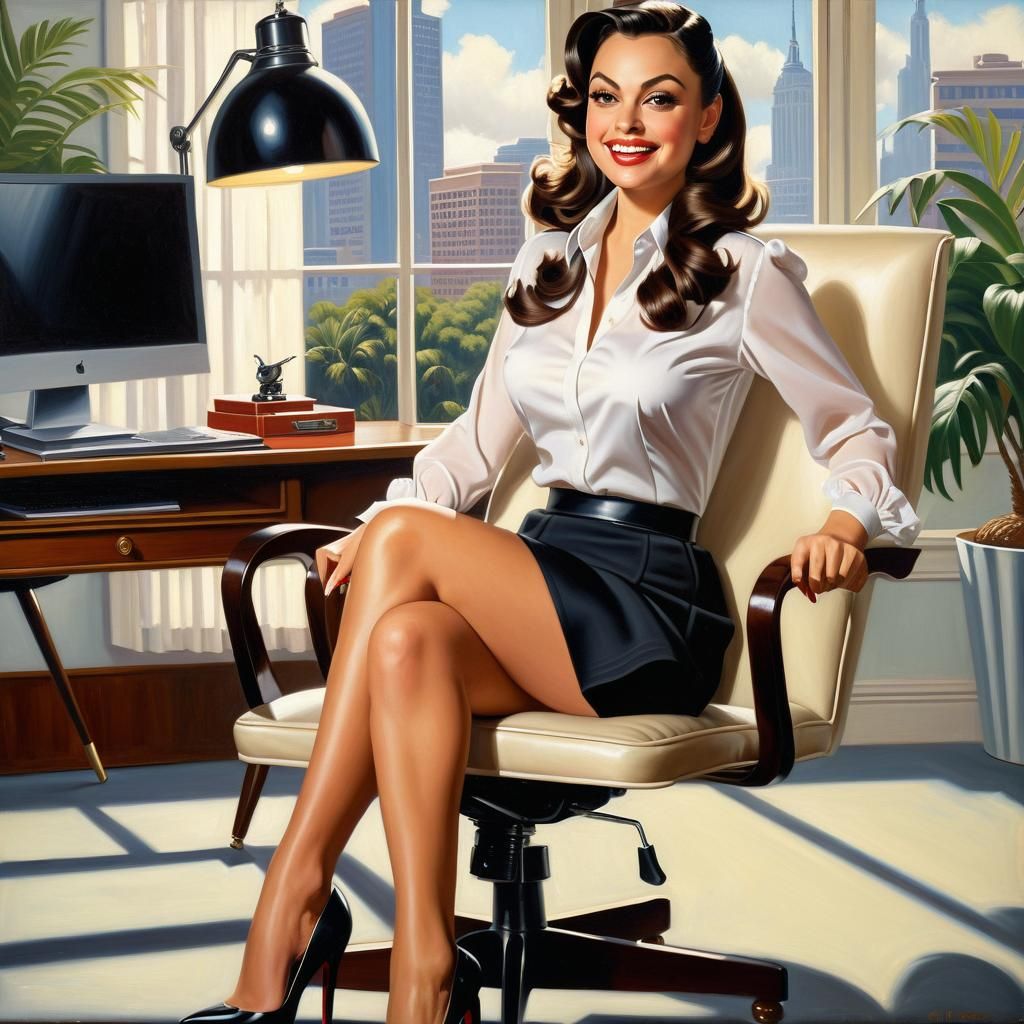 Retro Oil Painting of Woman in Office