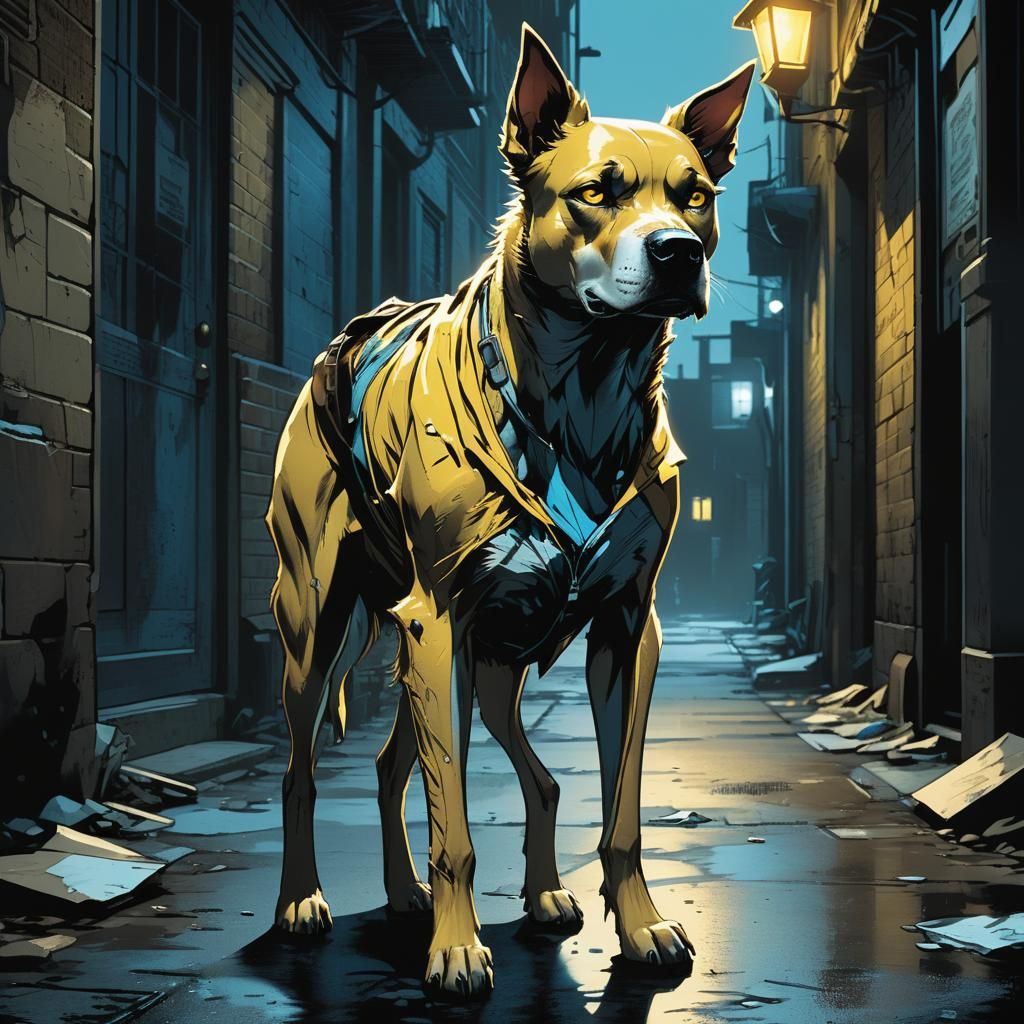 Dog-Woman Hybrid in Dimly Lit Alleyway