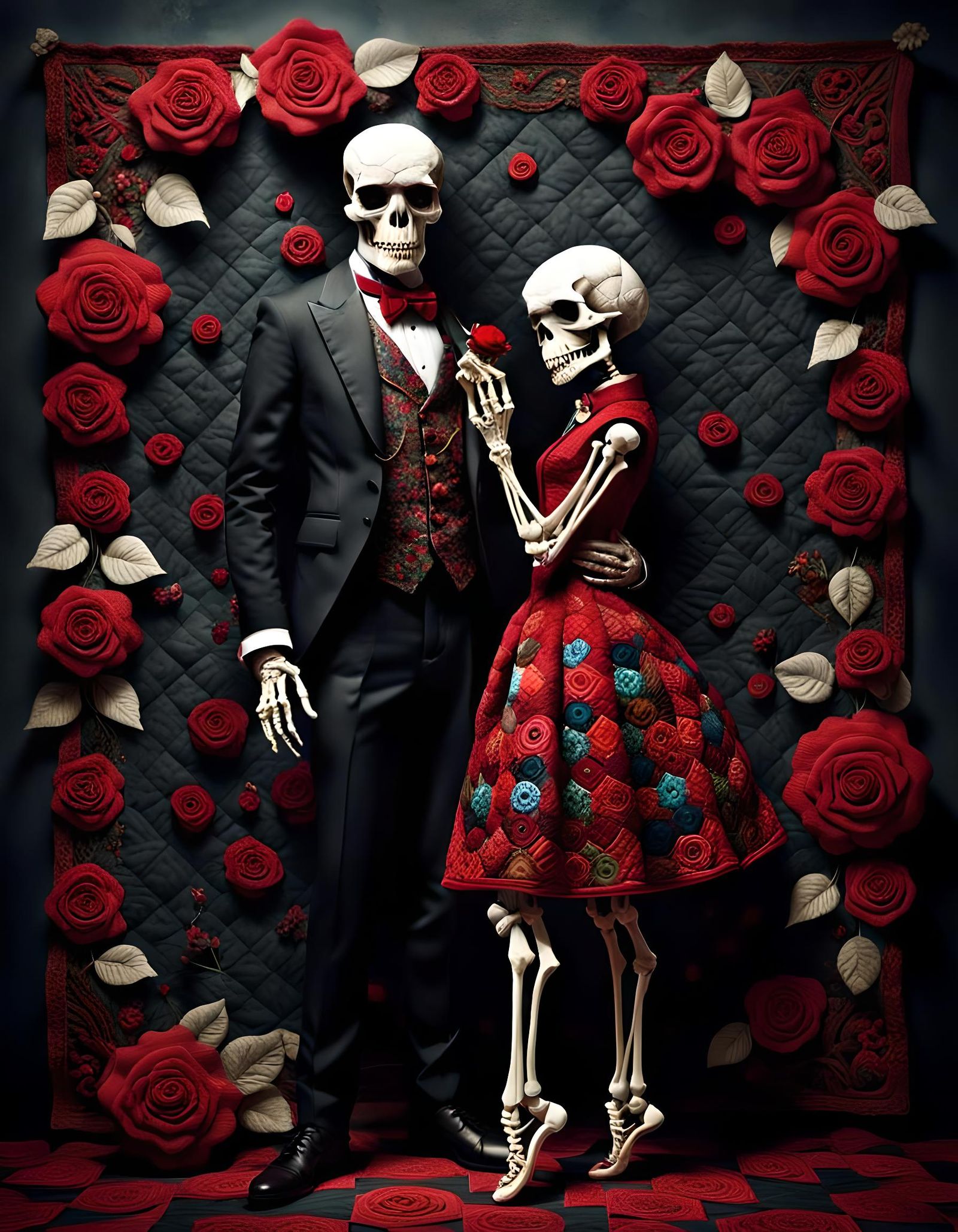 Intricate Quilted Skeleton Tango Dancers