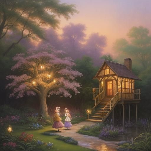 Whimsical Treehouse Scene in Watercolor Style