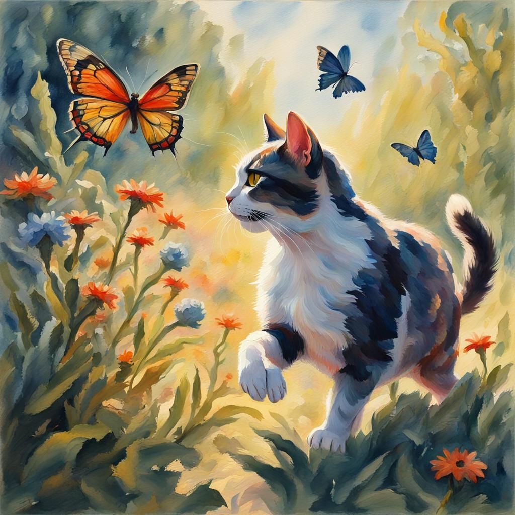 Cat Chasing Butterflies: Impressionist Gouache Painting