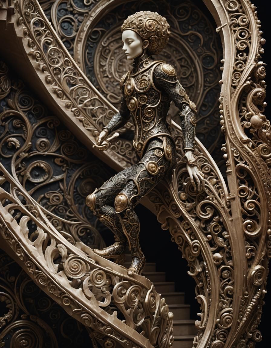 Humanoid Sculpture Ascending Spiral Staircase in Art Deco St...