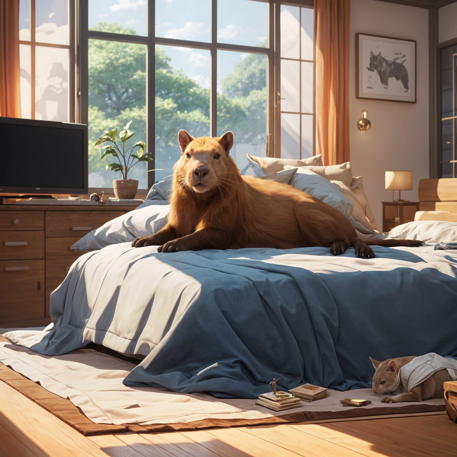 Capybara and Siamese Cat Watching TV in Anime Style