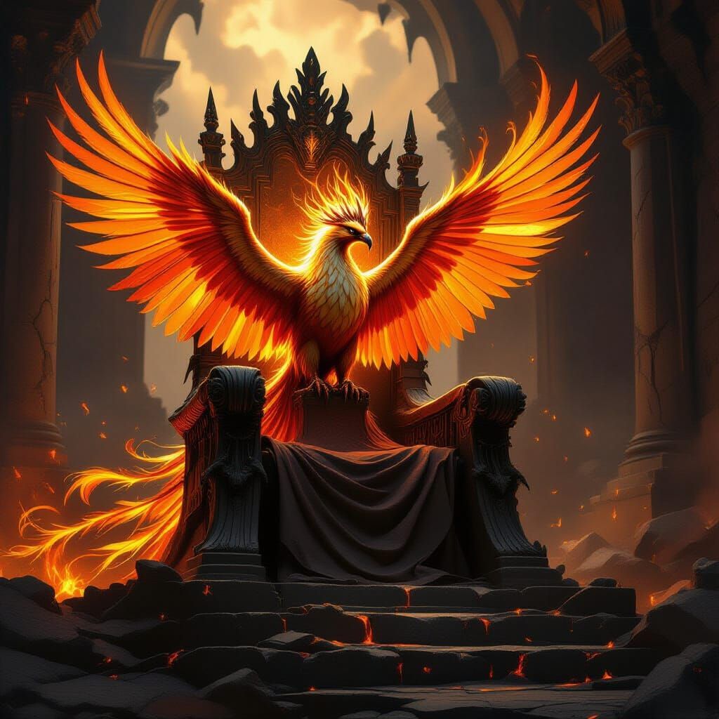 Majestic Phoenix on Ancient Throne, Fiery Feathers