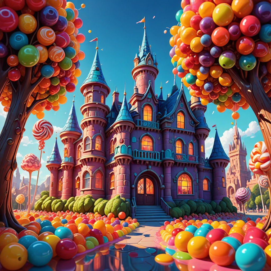 Whimsical Fruit Castle in Vibrant Candy Art