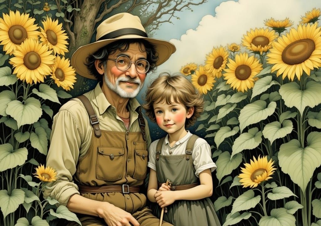Sunflowers and Grandchildren in Whimsical Illustration Style