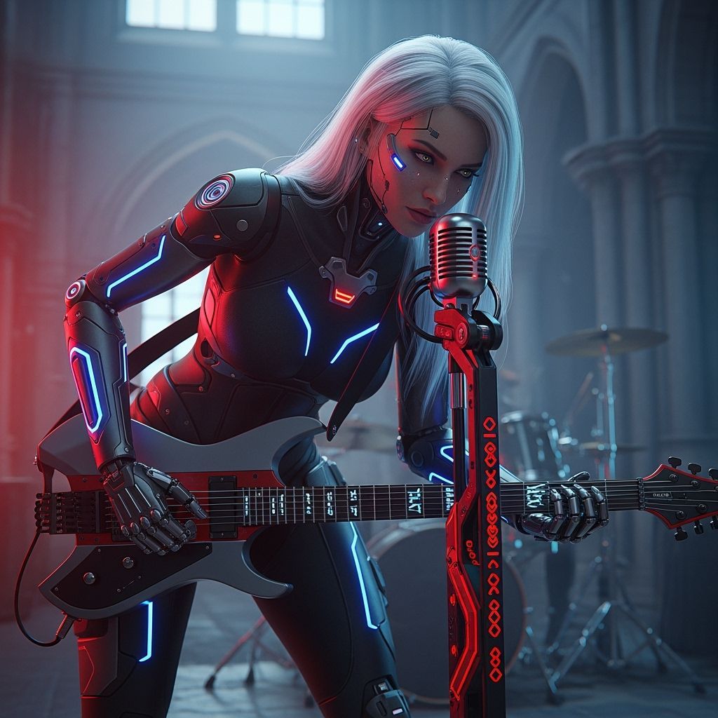 Futuristic Android Guitarist in Neon Cyberpunk Style